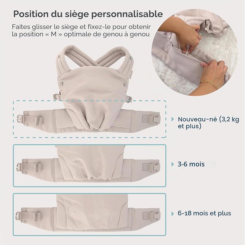 Honey Blossom Porte-Bébé Ergonomique, 3,2–18,1 kg, Position en M, Assise Réglable, Bretelles Croisées, Toasted Almond