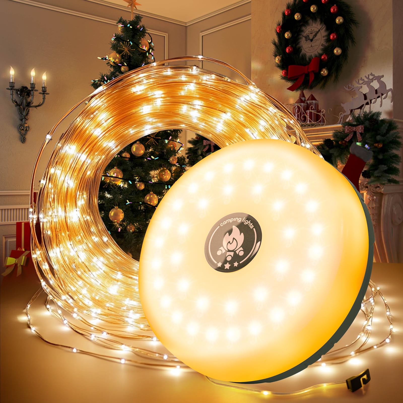 Photo 1 of miudeco Camping String Lights 32.9FT/10 M, Rollable Camping String Lights, 8 in 1 Portable Rechargeable LED Fairy Lights, USB for Hiking Travel AWN Tent Yard Garden Decoration and Holiday Gift