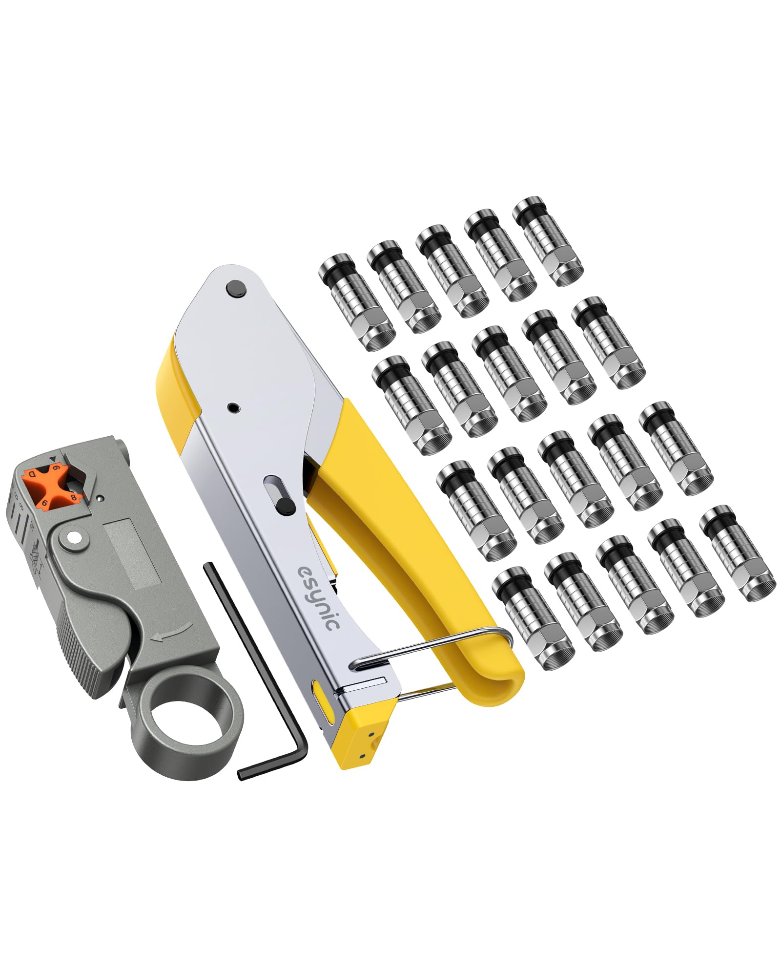 eSynic Professional Coax Crimping Tool F Type Connector Compression Tool Set Coax Cable Crimper Tool Kit for RG59 RG6 with 20Pcs RG6 Coaxial Cable Connectors&Adjustable Coaxial Cable Cutter- Yellow