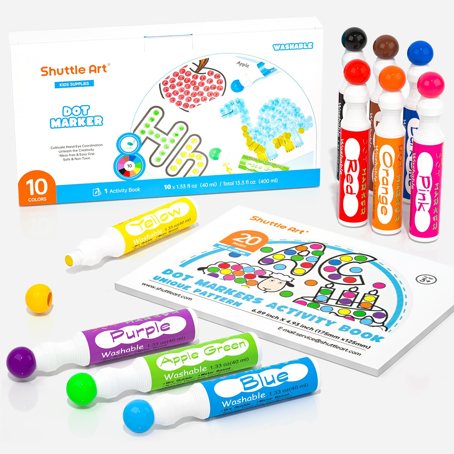 Shuttle Art 10 Colors Dot Marker Washable Non-Toxic Dot Marker for Children Early Education, Bingo Dabber for Creation with 1 Dot Activity Book