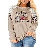 Grateful Thankful Blessed Shirt Plus Size Women Leopard Stripe Color Block Shirts Thanksgiving Pumpkin Long Sleeve Fall Tee