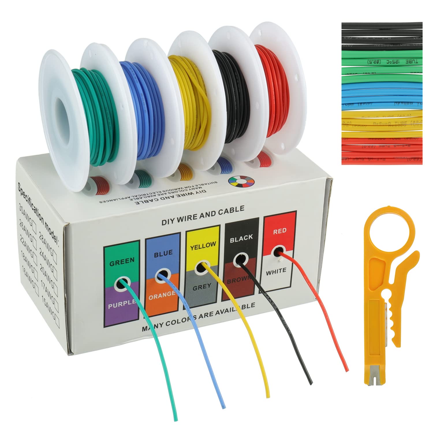 BOJACK 24AWG Flexible Silicone Wire Kit - 5 Colors (Red, Black, Yellow, Blue, Green), 19.69ft Each, 600V, With Heat Shrink Tubings & Mini Wire Stripper