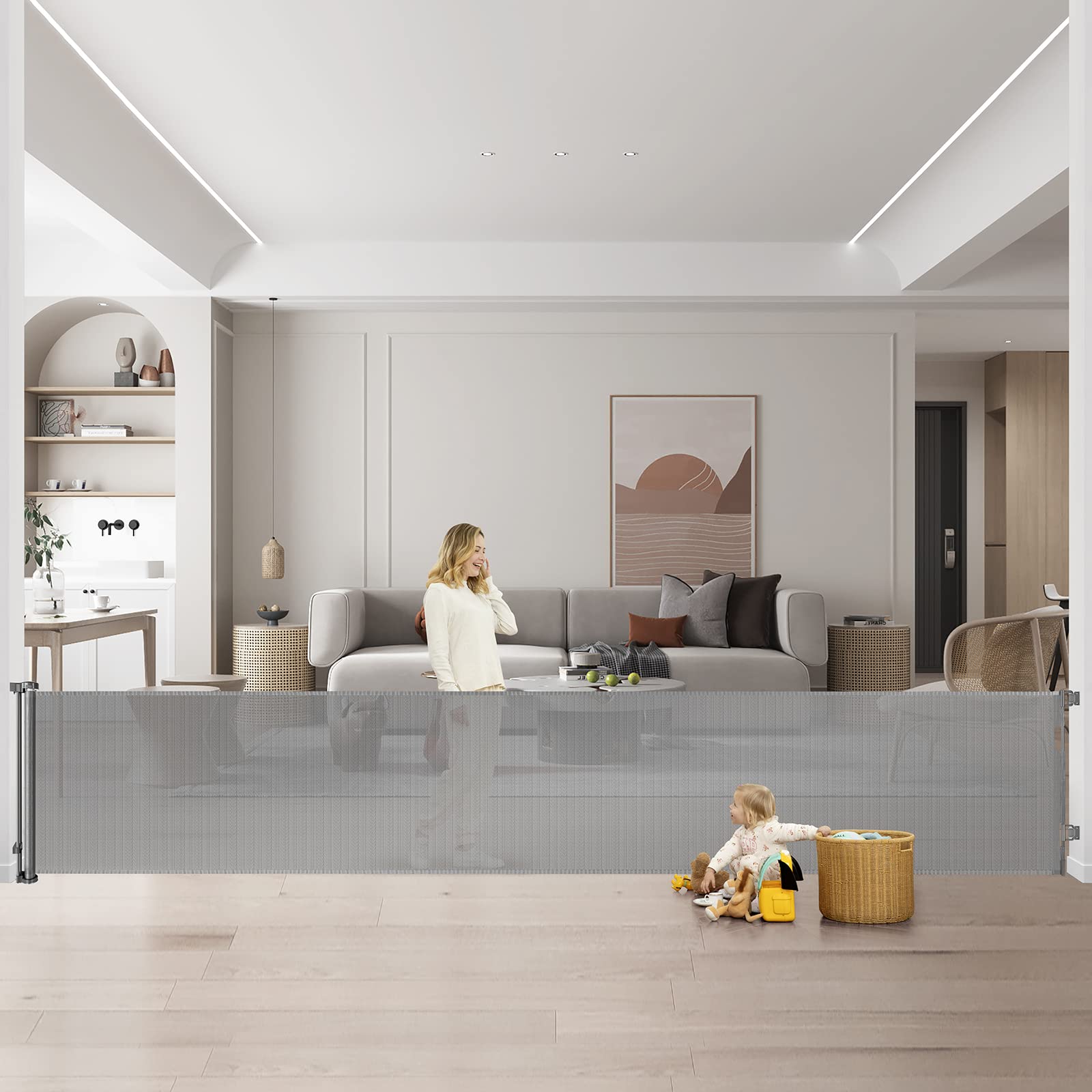 Photo 1 of 175 Inch Large Retractable Pet Gate Indoor No Trip Hazard, Anti-Scratch 14.5ft Extra Wide Baby Gate Retractable Baby Gates Extra Wide Dog Gates for Doorways Easy One-Hand Operation for Adults, Gray