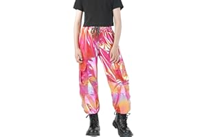 Nawgut Sequin Cargo Pants Metallic High Waisted Multi-Pocket Shiny Joggers Hip Hop Dance Pants for Girls