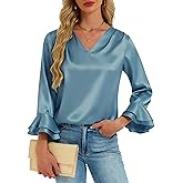 Womens Satin Silk Blouses 3/4 Sleeves Ruffle Shirts Dressy Business Casual Tops V Neck Pleated Elegant Work Office Wear