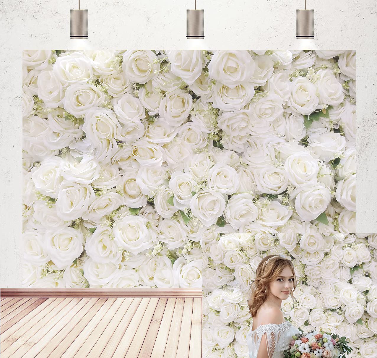 White Rose Floral Photography Backdrop Rose Flower Wall Photo Background Wedding Bridal Baby Shower Girl's Women Birthday Party Cake Tables Decoration Studio Prop (7x5FT）