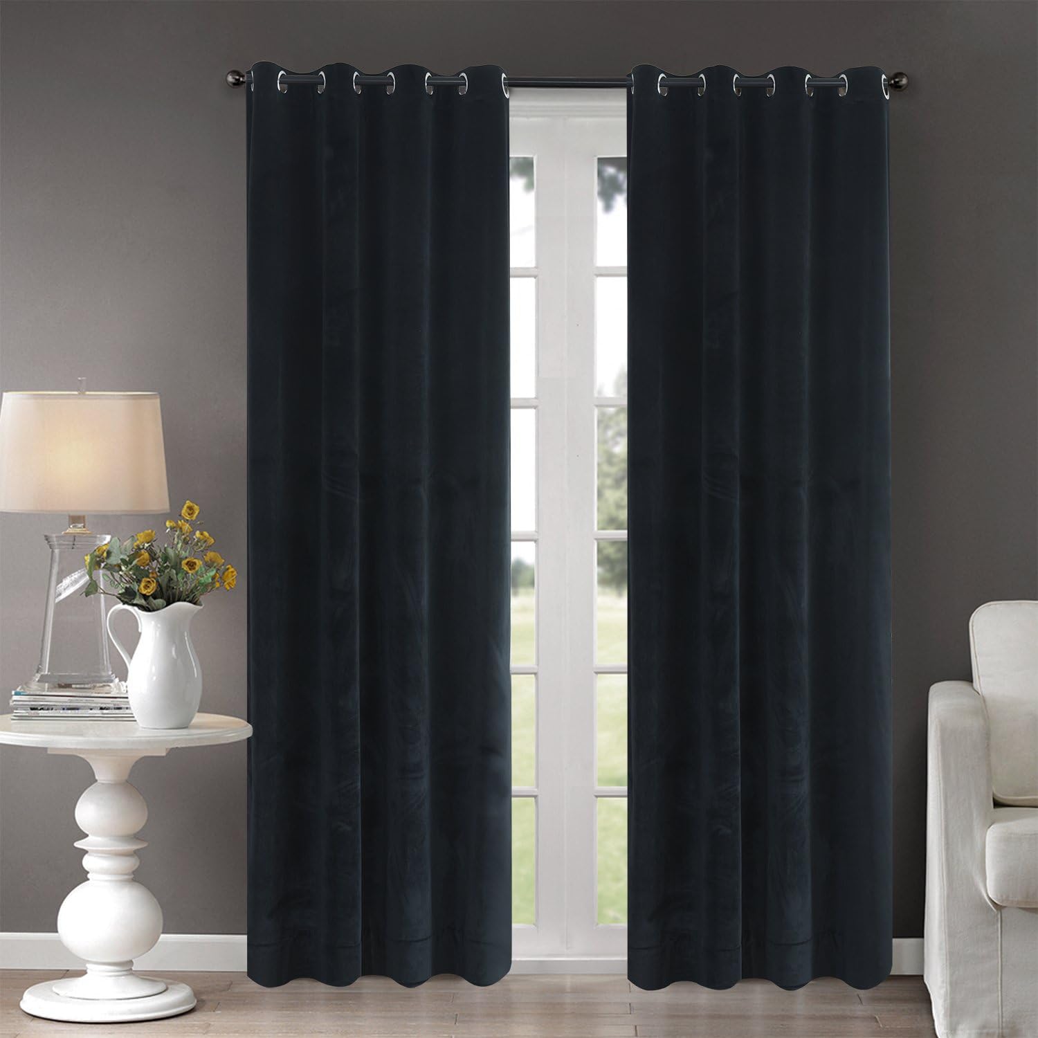 Nauxcen Blackout Velvet Curtains 52 X 96 Inch 2 Panels Black Grommet Darkening Curtains for Bedroom Living Room