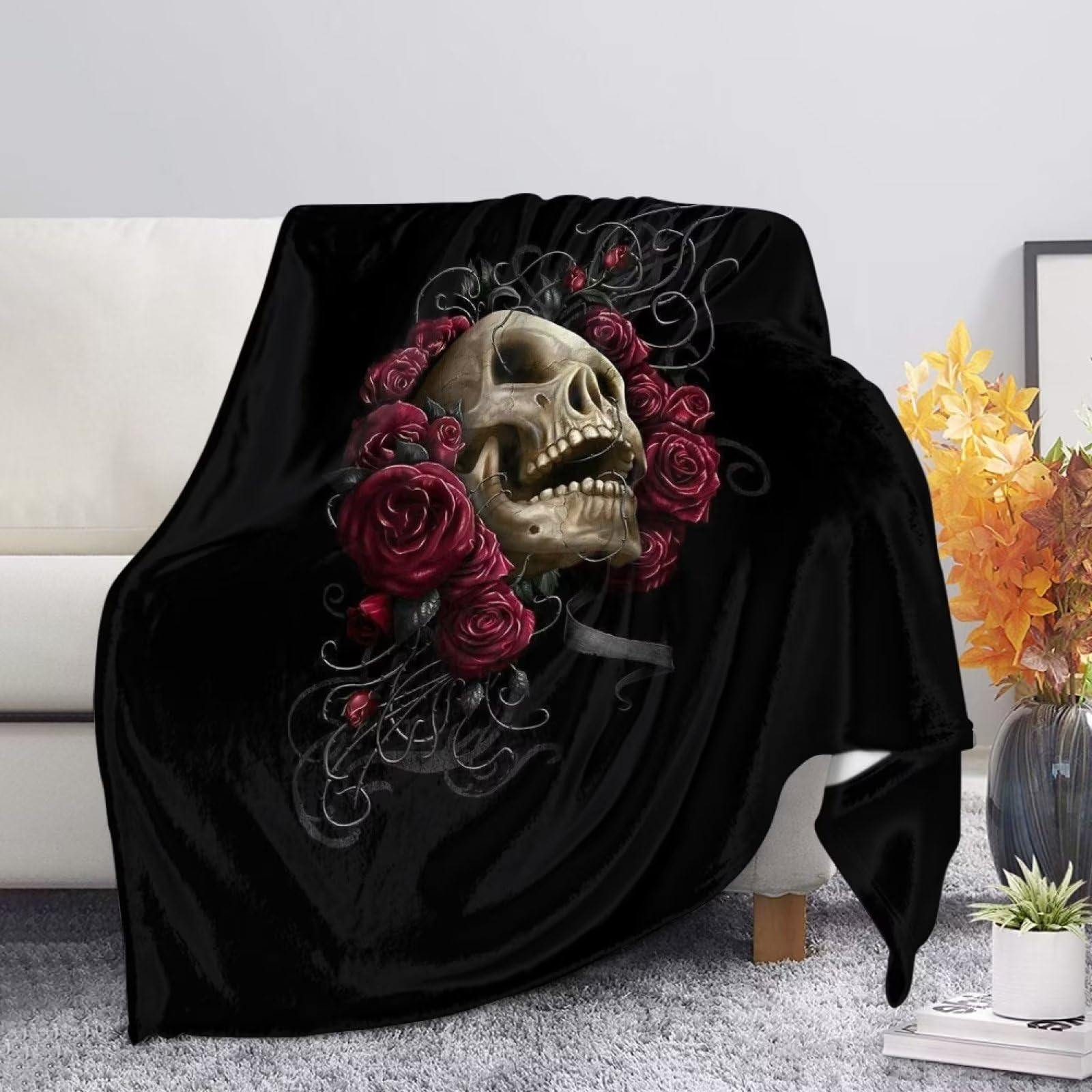 xixirimido Vintage Rose Skull Blanket Halloween Skeleton Gothic Throws for Home Bed soft Plush Cozy Fleece Blankets Bedding