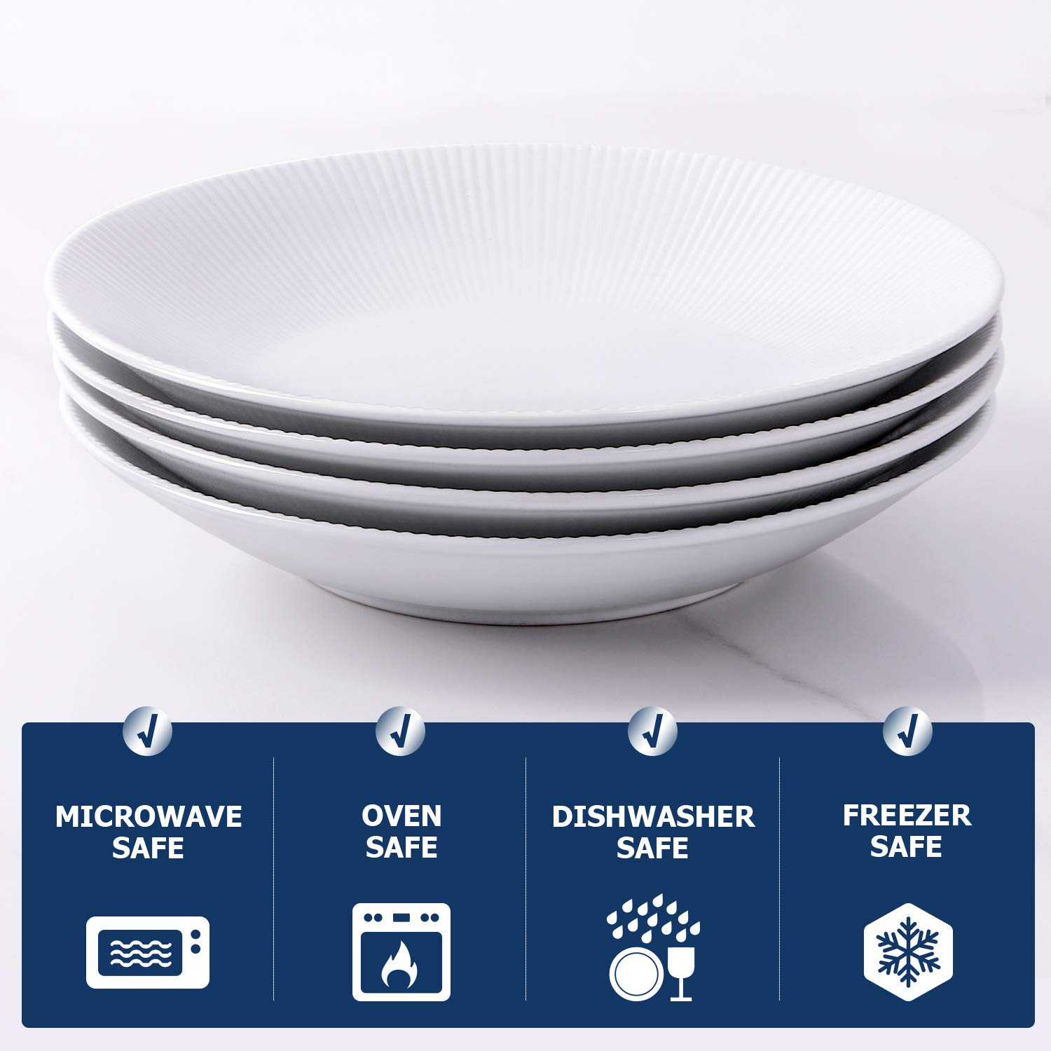 Y YHY 30 Ounces Porcelain Pasta Salad Bowls, 9.6 Inches White Serving Bowls Set, Wide and Shallow, Set of 4, Stripe Pattern
