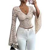 Floerns Women's Date Night Bell Sleeve T Shirts See Through Lace V Neck Party Going Out Tops