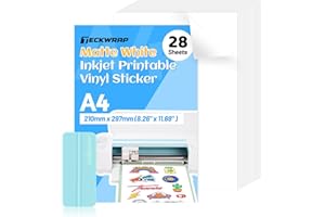 TECKWRAP Printable Vinyl Sticker Paper for Inkjet Printer Matte White Printable Sticker Paper Waterproof 8.26" x 11.69" A4 Size 28Pcs/Pack for Photo, Scrapbooking, Craft Cutters