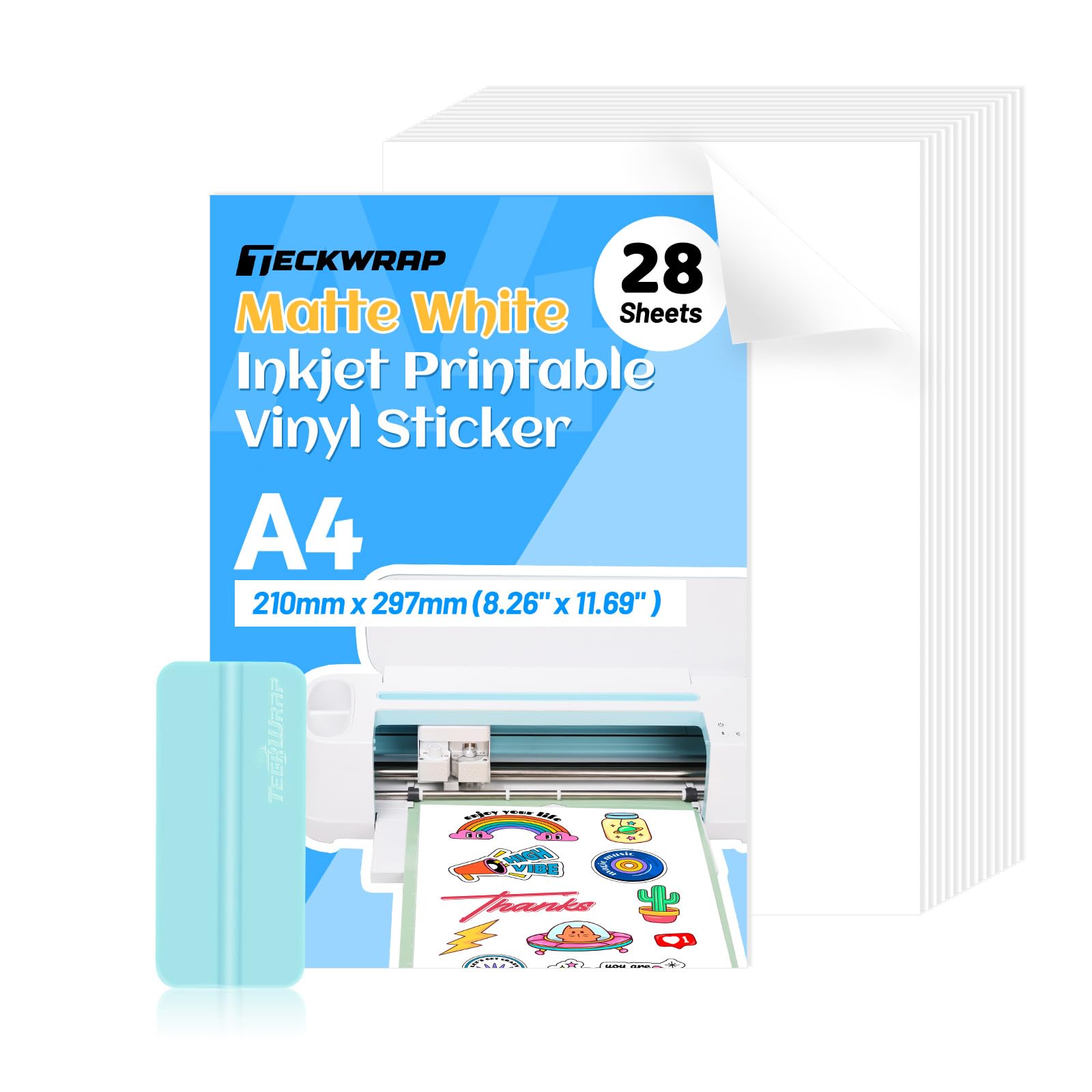 TECKWRAP Matte White Printable Vinyl Sticker Paper for Inkjet Printer Waterproof 8.26" x 11.69" A4 210mm x 297mm 28Pcs/Pack for Craft Sticker, Scrapbooking, Craft Cutters