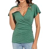 Womens Summer Sexy Deep V Neck Wrap Tops Ruffle Short Sleeve Criss Cross Ruched T Shirts Slim Fit Blouse