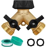Biswing Garden Hose Splitter 2 Way, Heavy Duty Brass Connector Tap Splitter, Y Splitter 2 Valves with 2 Extra Rubber Washers
