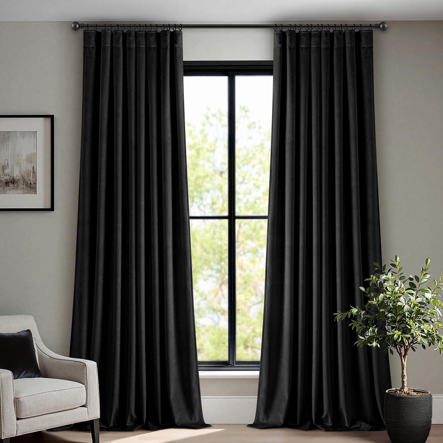 Photo 1 of ANRODUO Black Velvet Curtains 84 Inches Long Blackout Thermal Insulated Soundproof Curtain Privacy Room Darkening Curtains Pinch Pleat Window Drapes for Bedroom Living Room Set of 2