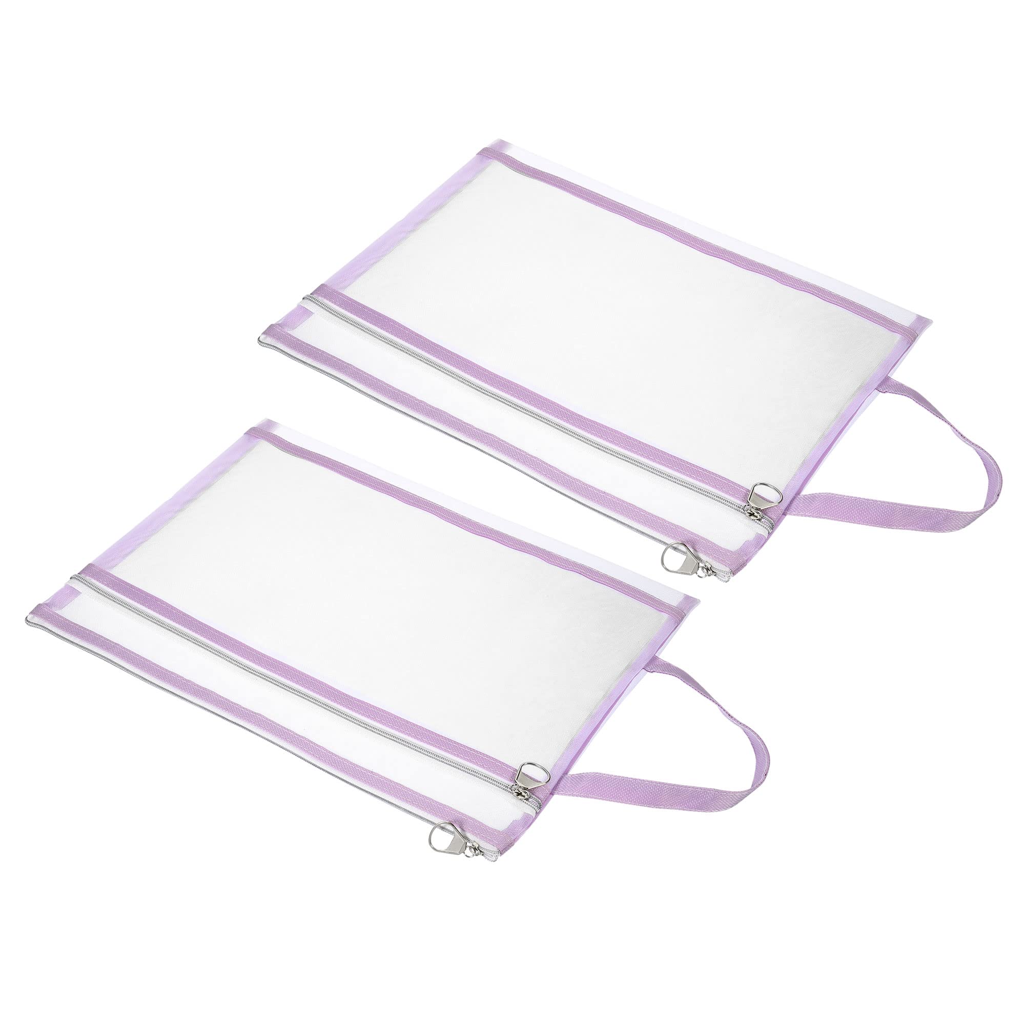 PATIKIL Nylon Document Zip Pouch with Handle, 2 Pack A4 Mesh Clear Files Bag for Office Business, Purple
