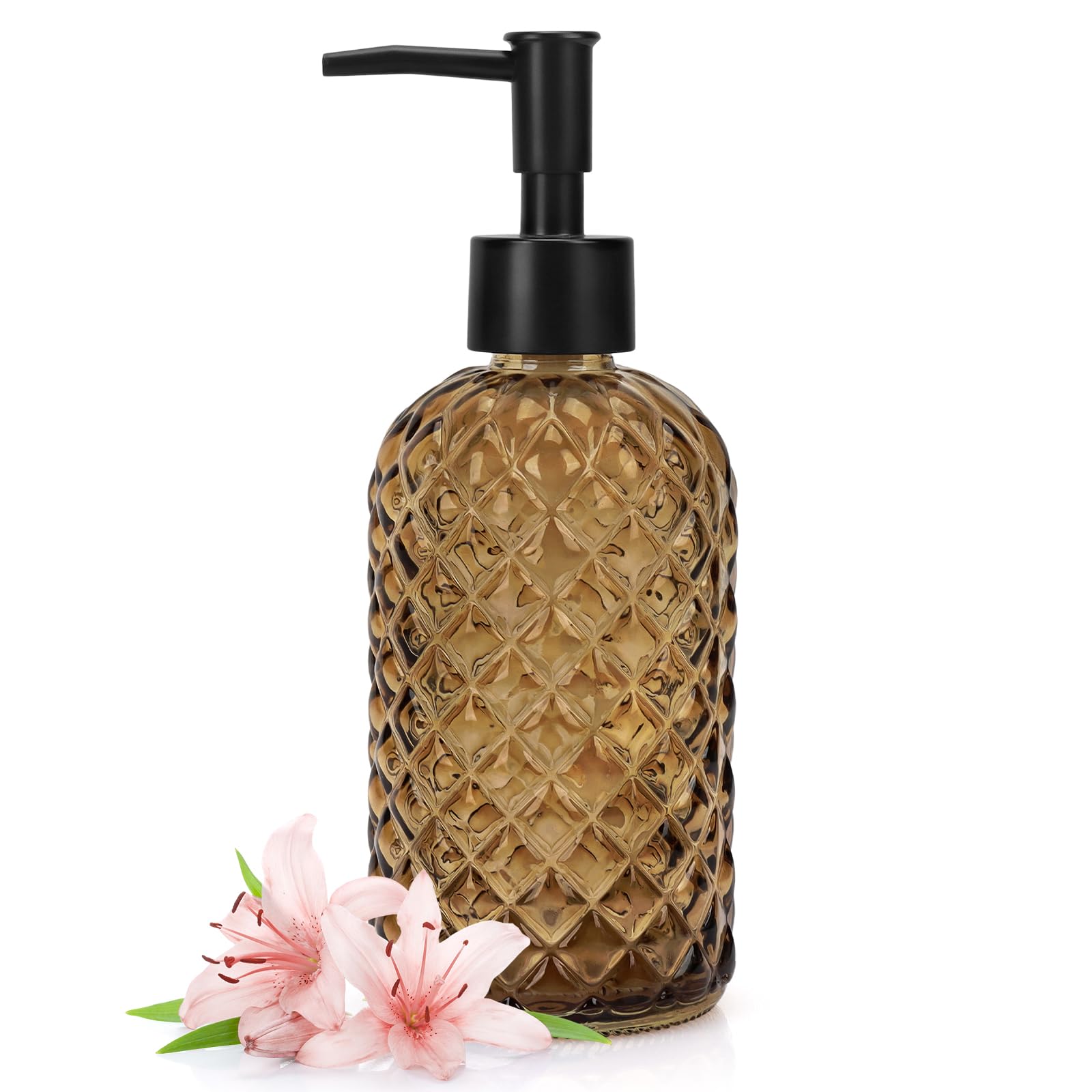 Photo 1 of 1 Pack 13.5oz Glass Soap Dispenser with Plastic Pump, Diamond Design Refillable Hand Soap Dispenser for Hand Wash, Bathroom and Kitchen (Amber)