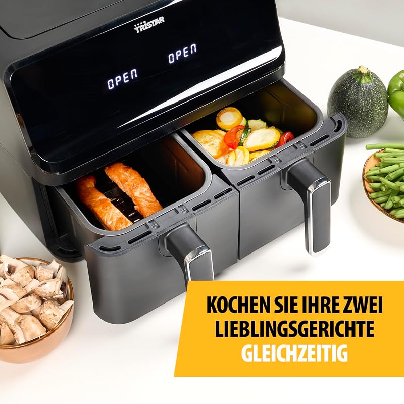 digitale Heißluftfritteuse mit Doppelkorb - 2 x 4 L Fassungsvermögen - 2700 W - 8 Programme - Temperatur pro Korb einstellbar, Blacks, FR-9026, Schwarz