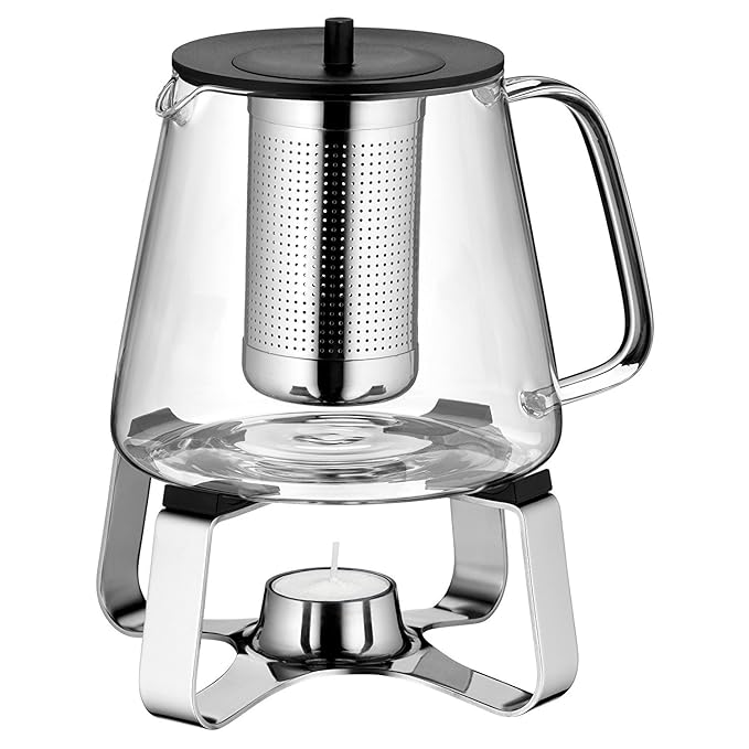 WMF TeaTime Teekanne mit Sieb und Stövchen, Glas, Edelstahl Cromargan, spülmaschinegeeignet, V 1,2l, H 21,3cm