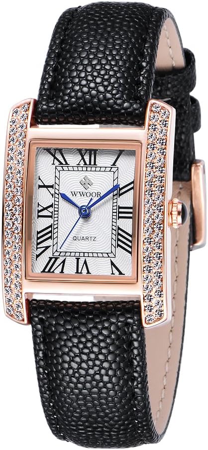 WWOOR Women's Quartz Watch with Genuine Leather Strap Luxury Ladies Rhinestone Watches Waterproof Wristwatch +Watch Box