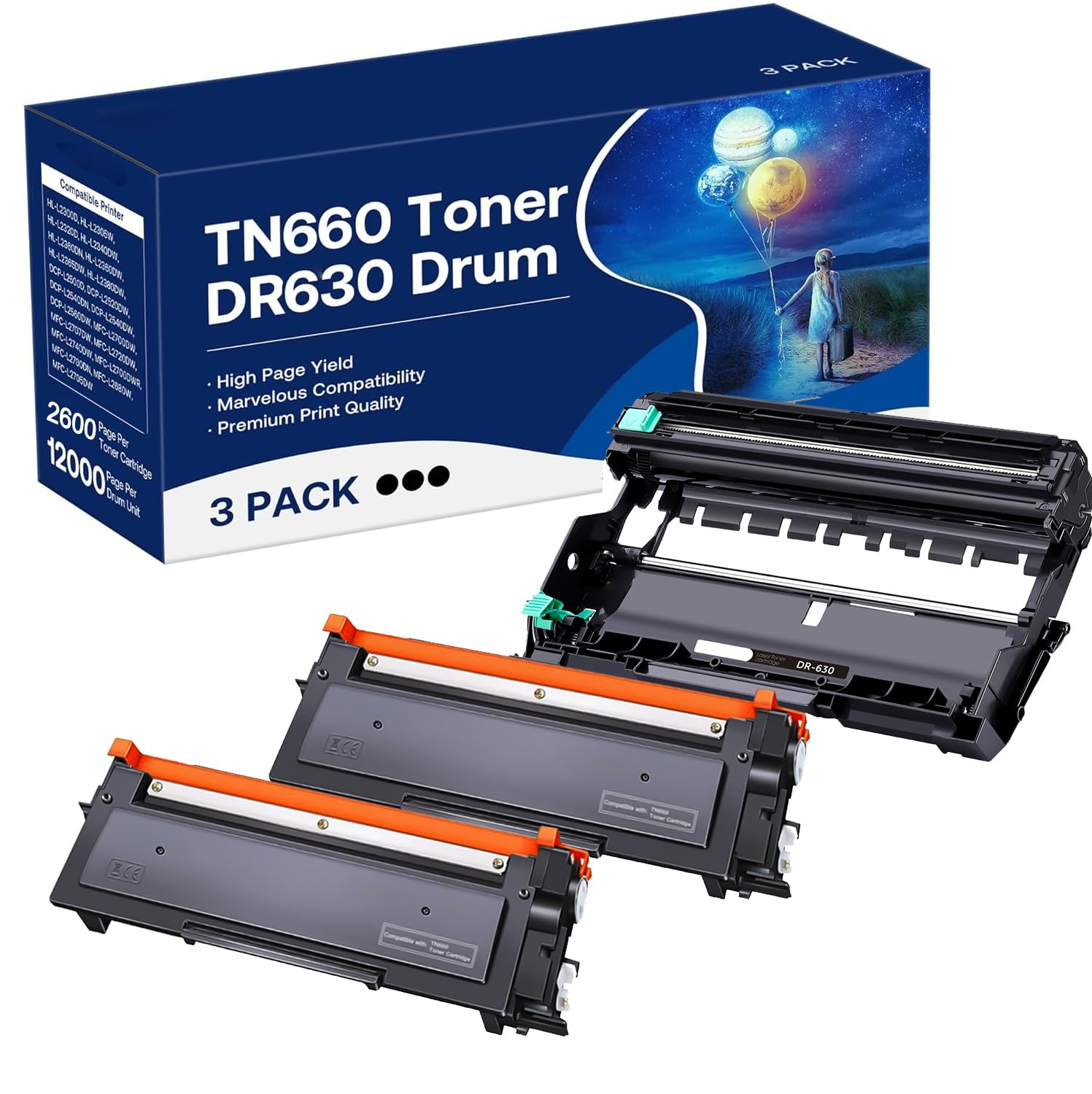 Photo 1 of GOTOBY TN660 Toner Cartridge and DR630 Drum Unit Replacement for Brother DR630 DR-630 TN660 Work with MFC-L2700DW HL-L2360DW HL-L2300D DCP-L2540DW Printer (2 Toners, 1 Drum Unit, 3Pack)