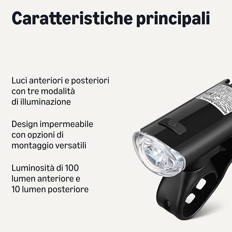 Set Luci Bici LED con Faro 100 Lumen e Luce Posteriore 10 Lumen - Luci Bicicletta Impermeabili 3 Modalità con Supporti - Batterie Incluse - Nero e Rosso