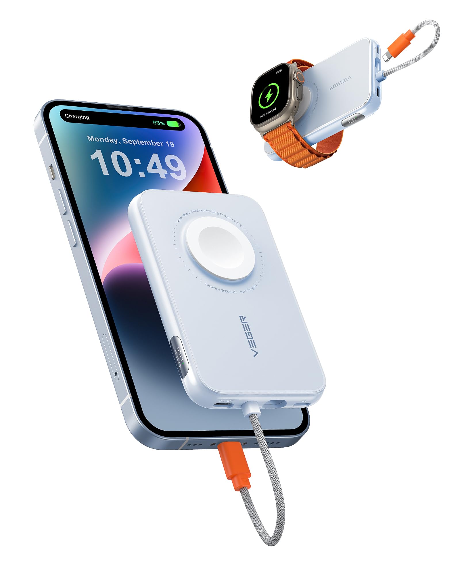 Photo 1 of VEGER Portable Charger for iPhone with Built in Cable, 5000mAh Mini Power Bank Battery Pack, PD 20W Fast Charger Travel Essential Compatible with iPhone14/13/12/Pro Max, Andorid, Apple Watch-Blue