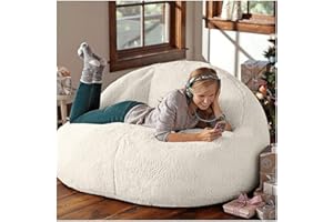 Oversized Bean Bag Chair, Soft Lambswool Fabric, White Plush Lounger with Decorative Pillows