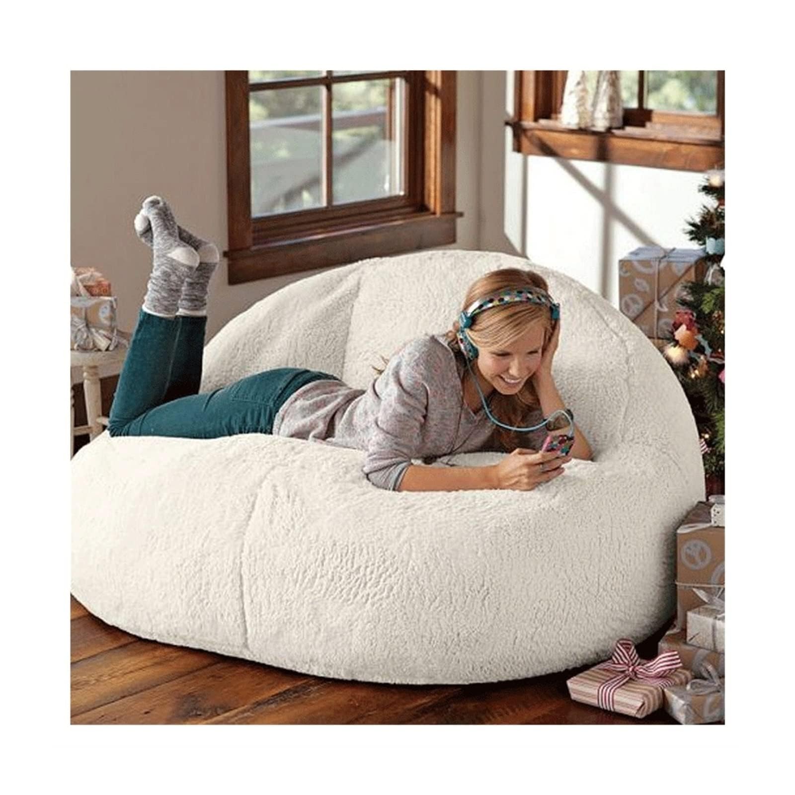 Photo 1 of Lamb Fleece Lazy Sofa Cross-Border Living Room Study Casual Single Double Plush Bean Bag Lounge Chair Sofa Cover (White)