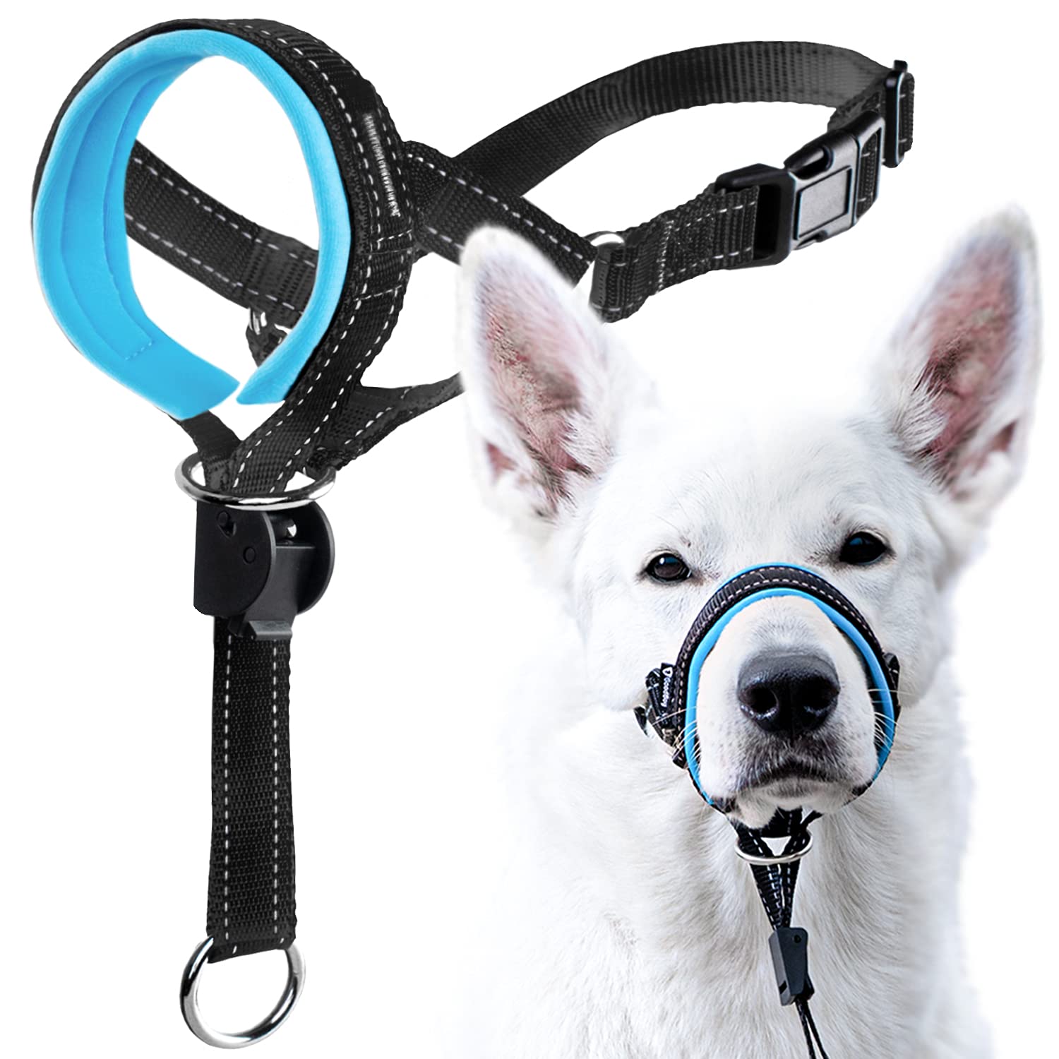 GoodBoy Dog Head Halter with Safety Strap - Stops Heavy Pulling On The Leash - Padded Headcollar for Small Medium and Large Dog Sizes - Head Collar Training Guide Included (Size 1, Blue)