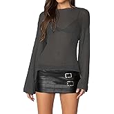 Women's Y2K Sheer Long Sleeve Knit Top See Through Crewneck Slim Fit Sweater Sexy Party Rave Shirts
