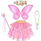 HUITEM Fairy Costume for Girls,6 PCS Light up Butterfly Costume with Fairy Wings, Jewelry,Headband,Wand,Tutu for Toddler Girls 3-8 Years Halloween Birthday Party Dress up