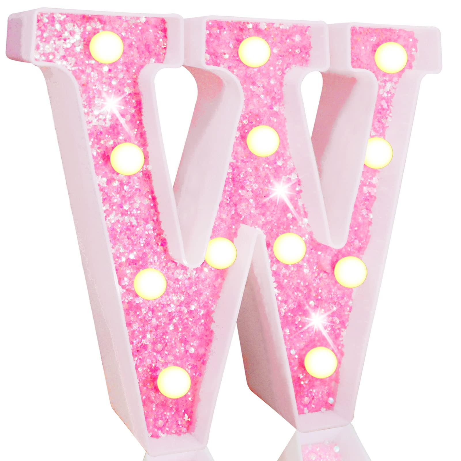 Photo 1 of Pooqla LED Marquee Letter Lights, Pink Glitter Light Up Letters Alphabet Sign Battery Powered Night Light, Birthday Party Wedding Girls Gifts, Christmas Room Dorm Bedroom Decoration, Pink Letter W