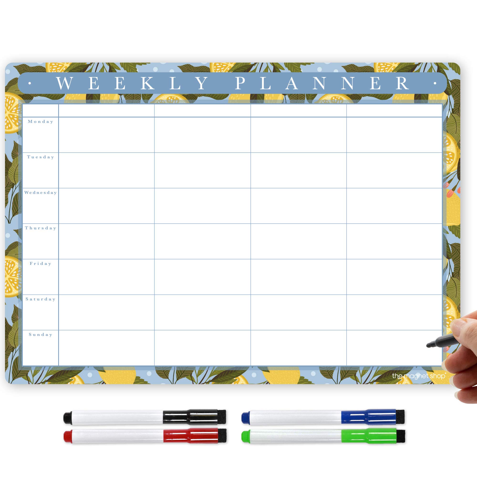TMS Magnetic Weekly Planner and Organiser A3 | Fully Customisable Whiteboard for Family or Business Tasks and Meal Planning | with 4 Free Magnetic Dry Wipe Pen (Garden Lemons, A3)