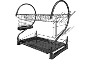 Yechiry Dish Drying Rack, 2 Tier Iron Large Utensil Drying Rack with Drip Tray, Efficient Drainage, Space Saving Modern Kitch