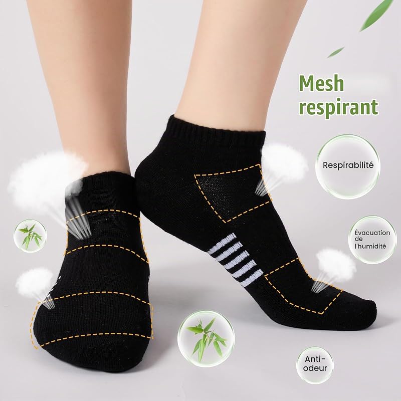Chaussettes Basses en Bambou Femme 6/12 Paires, Chaussettes de Sport Running Respirantes et Rembourrées, Socquettes Courte Colorées et Anti Transpiration, Cadeaux Femme Ete