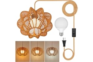 tebio Plug in Pendant Light,3 Color Bulb Rattan Hanging Lights with Plug in Cord 15FT Power Cord, Hanging Lamps That Plug into Wall Outlet for Boho Living Room（Bulb Included）