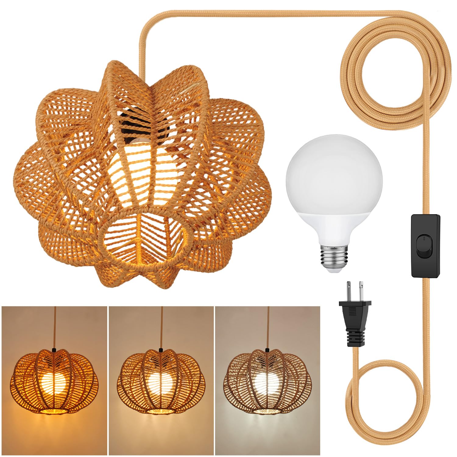 Photo 1 of tebio Plug in Pendant Light,3 Color Bulb Rattan Hanging Lights with Plug in Cord 15FT Power Cord, Hanging Lamps That Plug into Wall Outlet for Boho Living Room?Bulb Included?