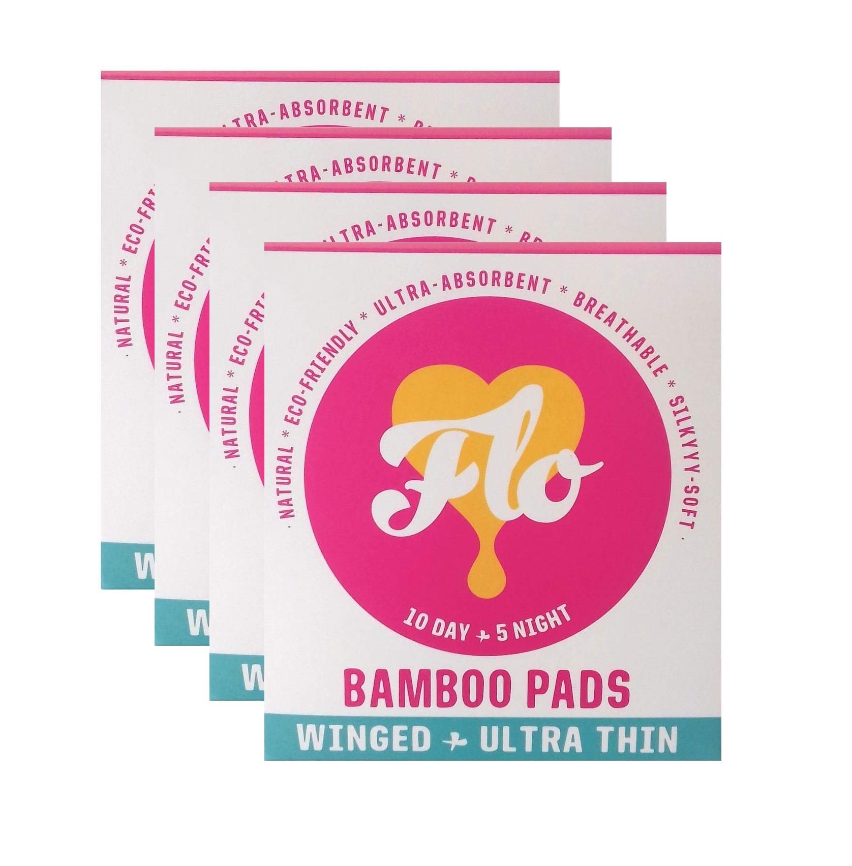 FLO Natural Bamboo Pads - Winged & Ultra Thin - 10 Day & 5 Night Pads (Pack of 4)