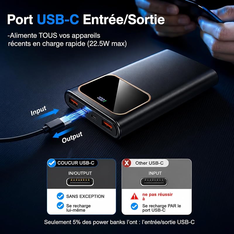 2026 Batterie Externe, 10000mAh 22.5W Power Bank, Batterie Portable USB C Input & Output PD3.0 QC4.0,Charge Rapide Powerbank à Affichage LED pour iPhone Samsung et Autres téléphone（Noir） — photo 7 sur 7