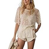 OPCAKM Lace Tops for Women Sexy Short Sleeve Mesh Tops Embroidered Sheer Lace T-Shirts See Through Blouse