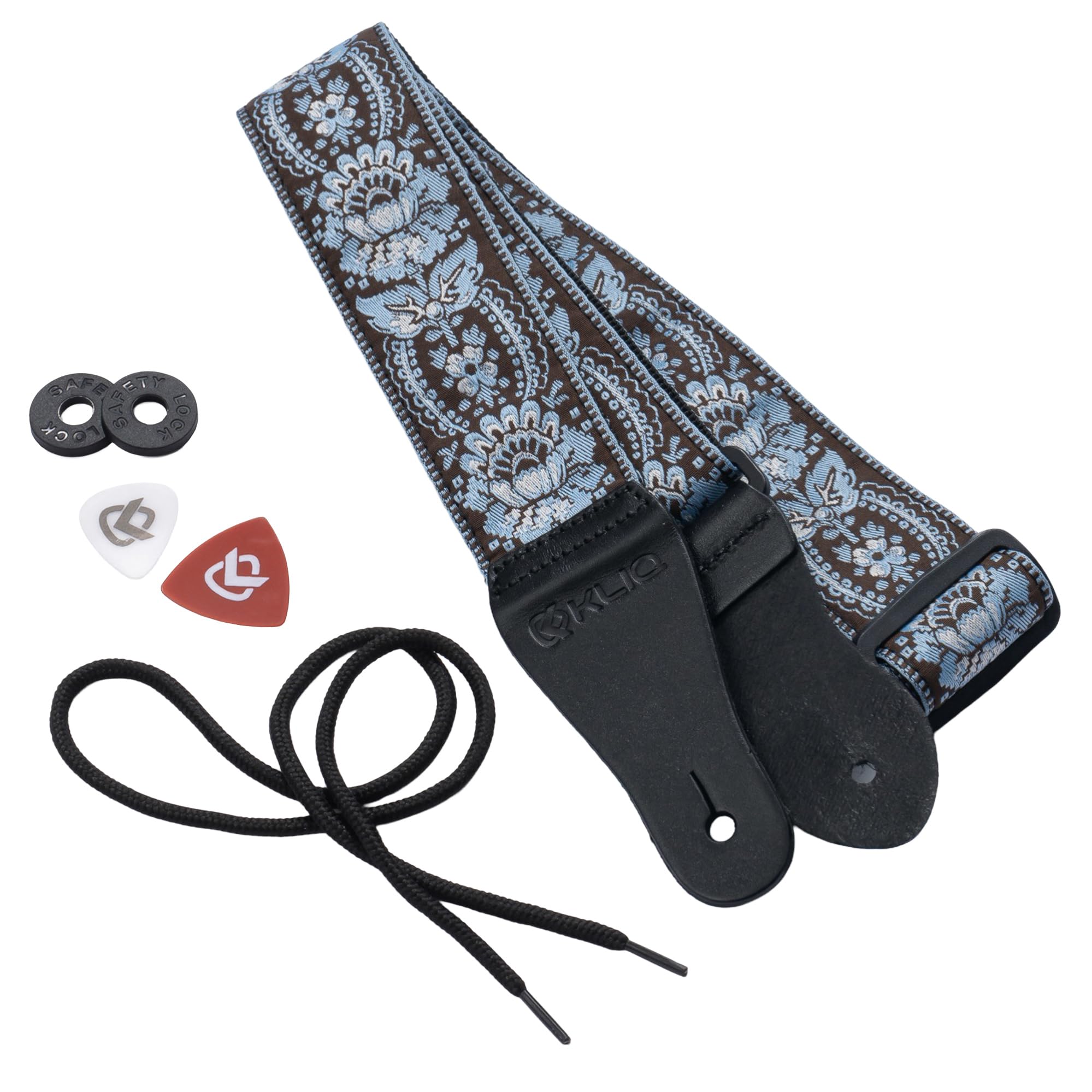 KLIQ Vintage Acoustic & Electric Guitar Strap + 2 Rubber Strap Locks, 2 Guitar Picks, Lace | '60s Jacquard Weave Hootenanny Style | Coffee & Blue Sunburst Flower