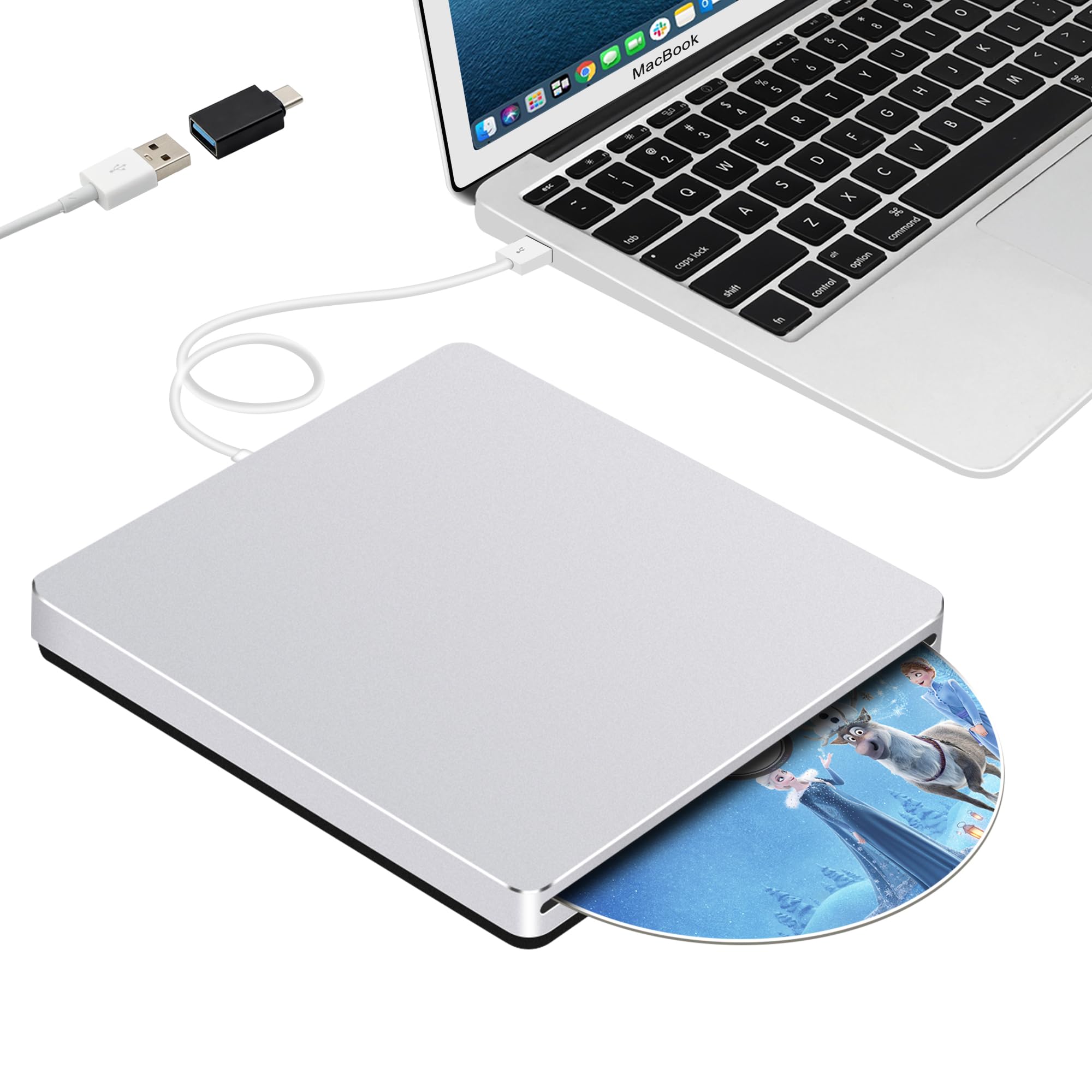 Guamar External CD Drive for Mac: USB 3.0 Superdrive for Apple MacBook - Slim & Portable Slot-in DVD Burner for Laptop PC Windows with USB-C Adapter - Plug & Play Aluminum (Silver)