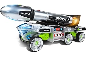 Sunny Days Entertainment Maxx Action 3-N-1 Blast Off Booster Rocket – Lights, Sounds and Motorized Drive | Includes Transport Vehicle, Rocket and Capsule | Space Toy for Kids