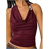 Floerns Women's Going Out Ruched Halter Tops Draped Front Metal Sleeveless Y2k Tank Top
