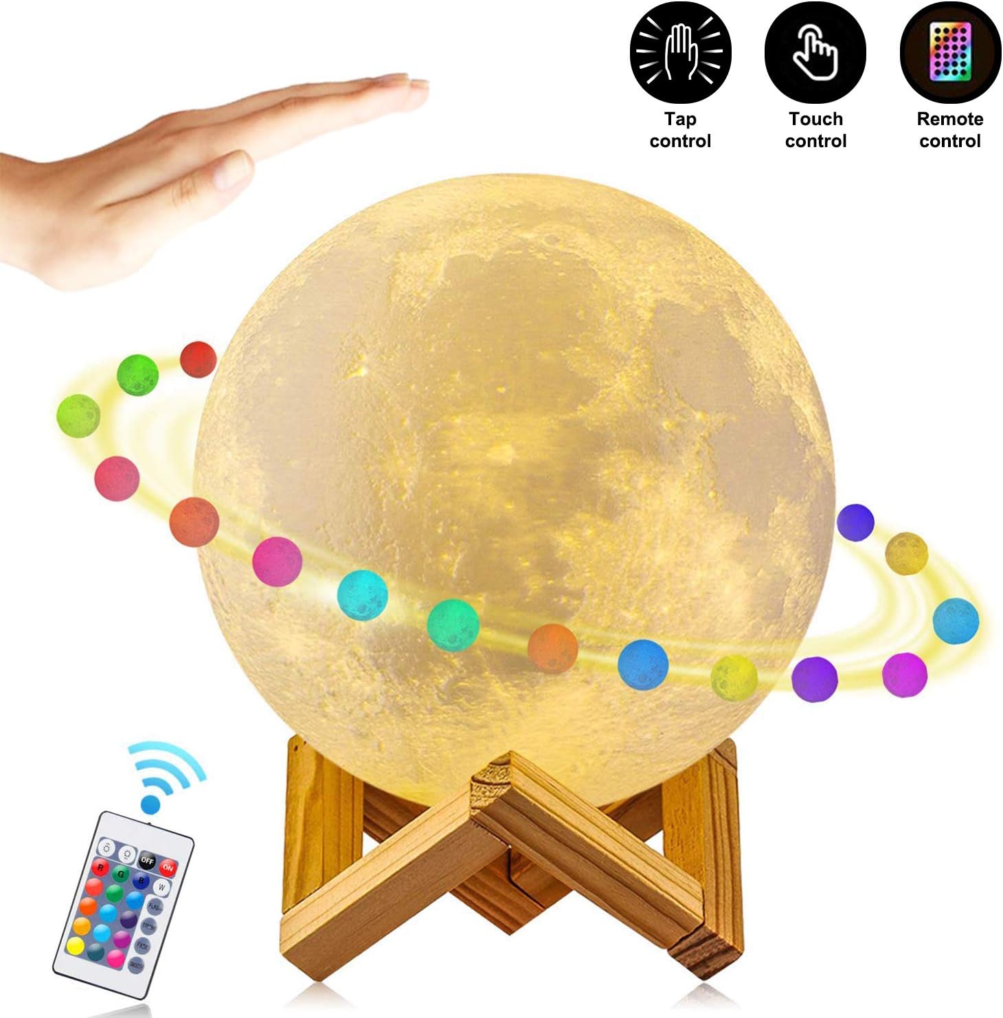 Moon Lamp, AFBEST 16 Colors 15cm 3 Control Ways 4 Light Conversion Modes 3D Print LED Moon Light Remote Control Stepless Dimming RGB Table Bedside Lamp with Wooden Mount