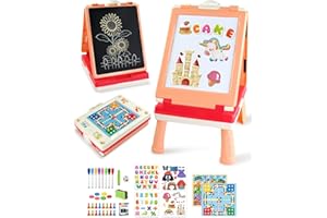 Elovien Tabletop Easel for Kids, Foldable Art Easel for Toddler,Double Sided Kids Easel with Chalkboard & Magnetic Dry Erase Board,Height Adjustable Desktop Easel, Educational Gift for Girls(Pink)