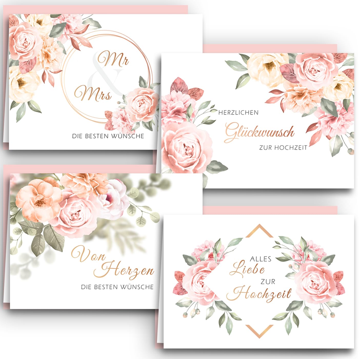 Wedding Greeting Cards Set of 4 Roses Watercolour with Dusky Pink Envelopes Folding Cards Elegant and Modern Wedding Cards