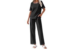 Ekouaer Women Waffle Knit Lounge Sets Short Sleeve Top and Long Pant Pajama Set Loungewear 2 Piece Pjs Set with Pockets