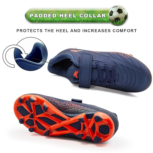 RUNIC KIDS SOCCER CLEATS FOR BOYS AND GIRLS – SMALL AND BIG KID ATHLETIC OUTDOOR FOOTBALL SHOES – FIRM GROUND – HOOK AND LOOP CLOSURE – NAVY/ORANGE – 9
